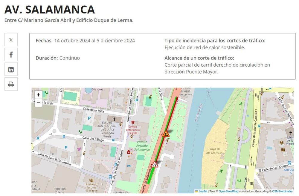 Cortan un carril de la avenida de Salamanca desde este lunes