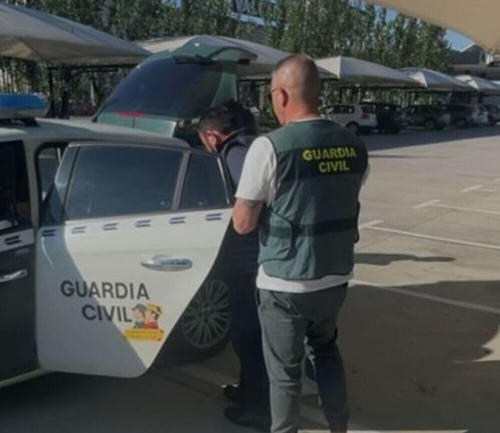 Un agente introduce a uno de los detenidos en un vehículo de la Guardia Civil.