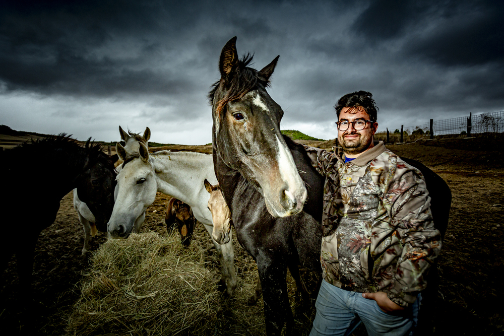 Roberto Díez, junto algunos de sus caballos en su finca de Bercero.