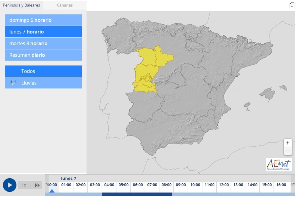 Mapa de la Agencia Estatal de Meteorología que señala las provincias declaradas en alerta amarilla para este lunes.