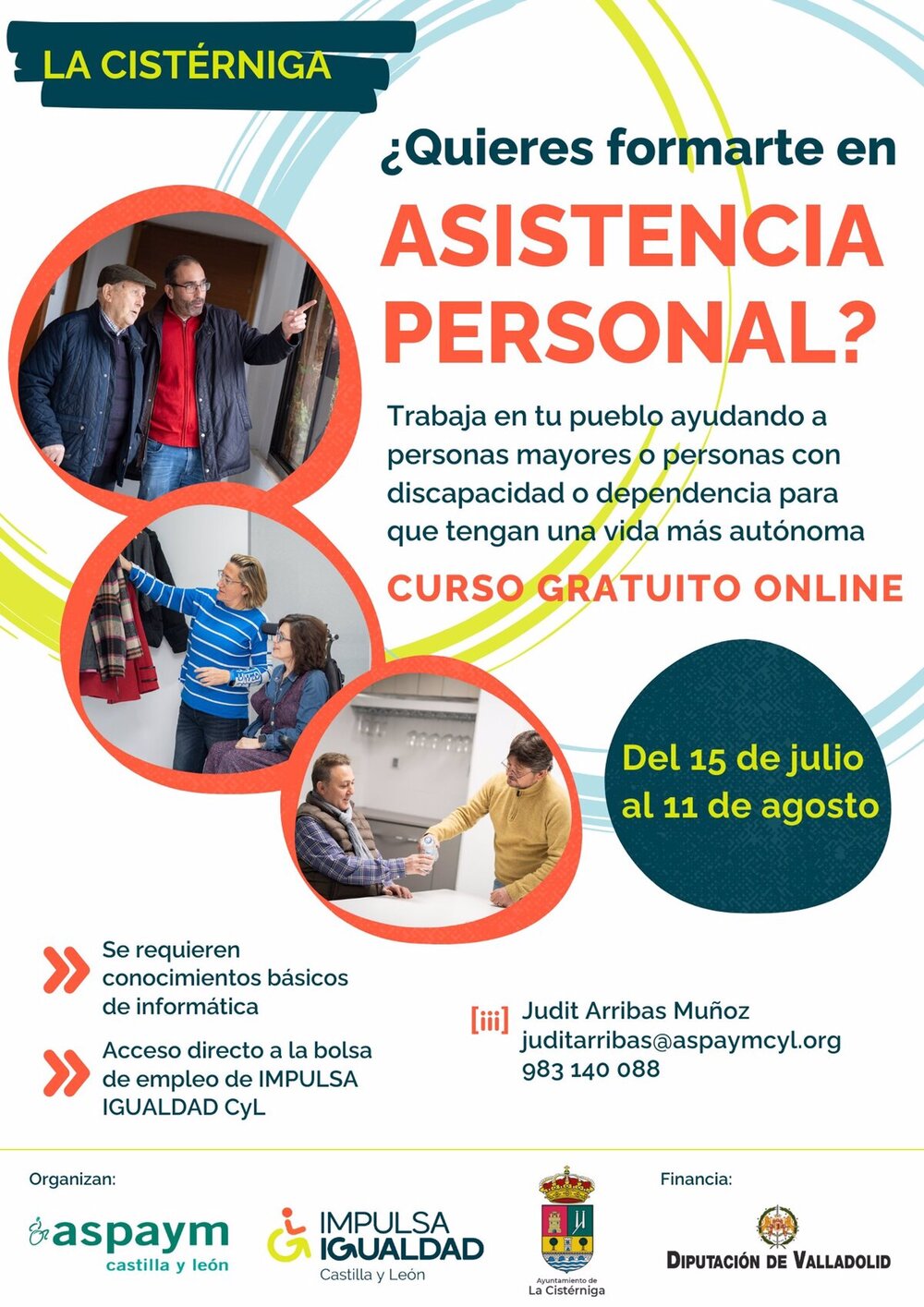 Cartel promocional de los nuevos cursos de Aspaym sobre asistencia personal en el medio rural.